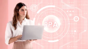 The concept of RPA in BPO operations is depicted with an image of a woman standing and holding a laptop.