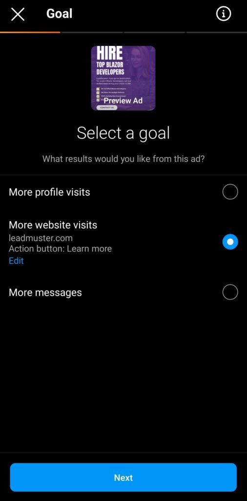 Select your ad campaign goal