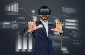 Businessman wearing a suit and virtual reality glasses, immersed in the virtual financial world